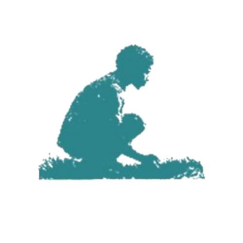 Silhouette of a person kneeling with hands clasped in prayer, facing right.