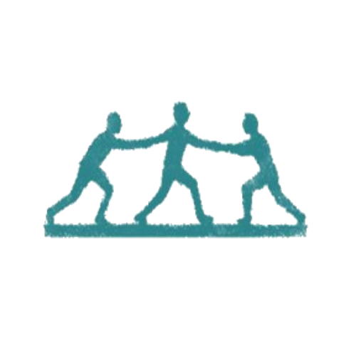 Three people on a seesaw, with one standing on one end and two holding the other's hands in the middle.