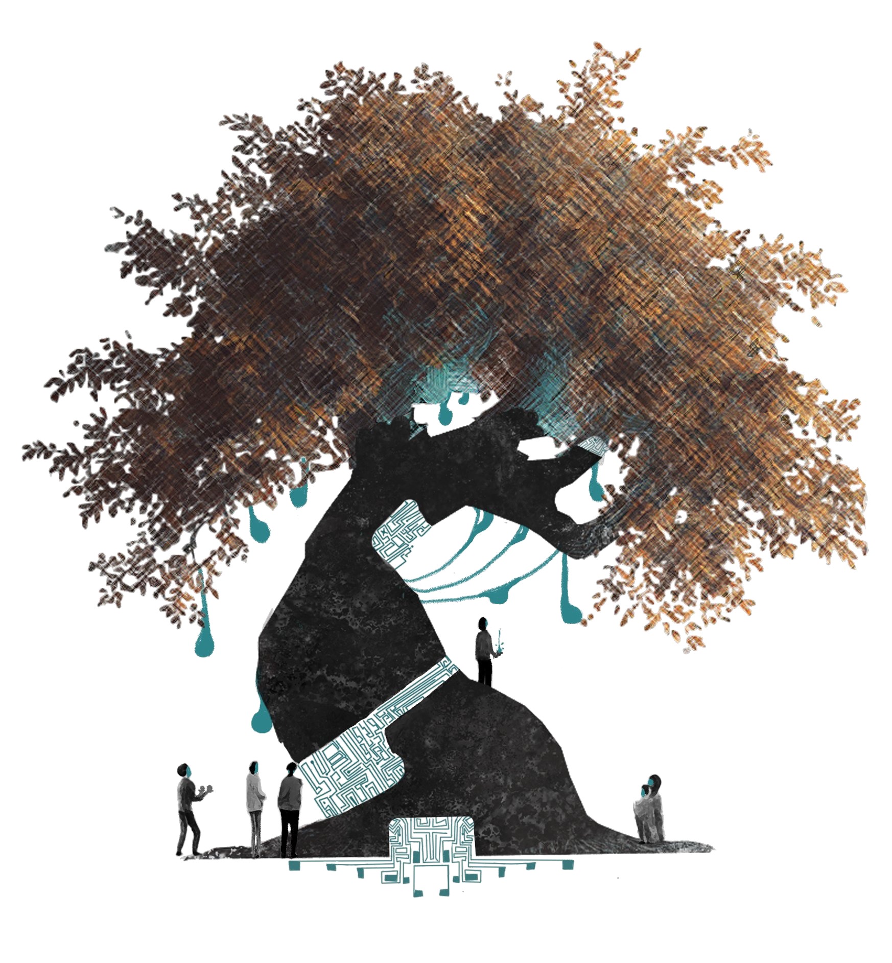 Silhouette of a person walking while holding a computer mouse, with a large tree growing on their head, and multiple smaller figures at the base of the tree. The image is a digital, stylized illustration with abstract elements.