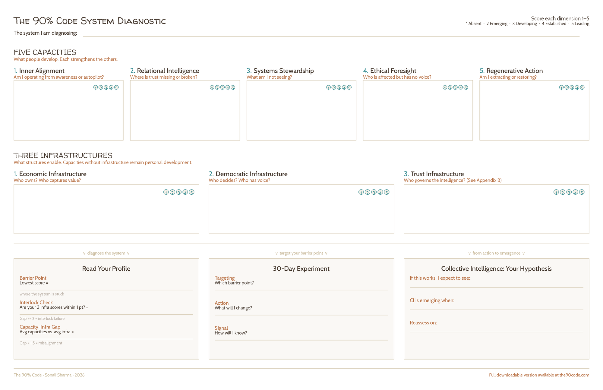 A worksheet titled "The 90% Code System Diagnostic" featuring sections to assess five capacities and three infrastructures, with spaces to fill in scores and notes, and notes sections for profile reading, experiments, and hypothesis testing.