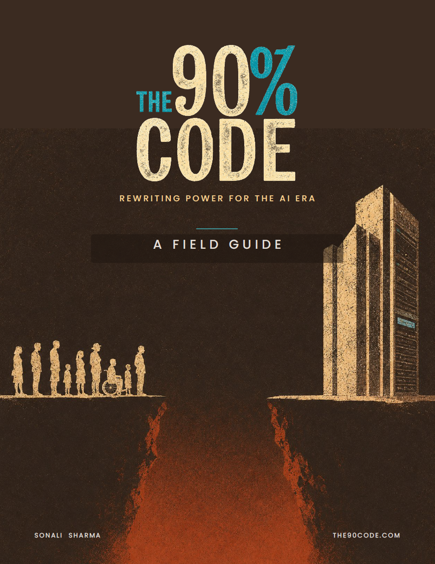 Book cover titled "The 90% Code: Rewriting Power for the AI Era" by Sonali Sharma. The cover features a dark background with silhouettes of humans, including a person in a wheelchair, standing on the edge of a cliff. The cliff on the right side features a tall modern building, with a glowing window, and a chasm separates the two sides.