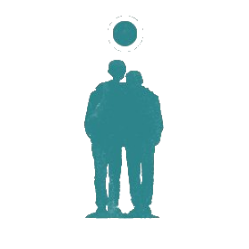 Silhouette of two people in front of a scene with a large circle and a star-shaped figure on top.