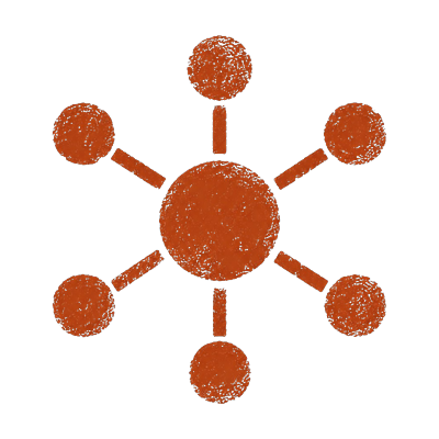 A diagram of a central orange circle connected to seven smaller orange circles with lines, on a black background.