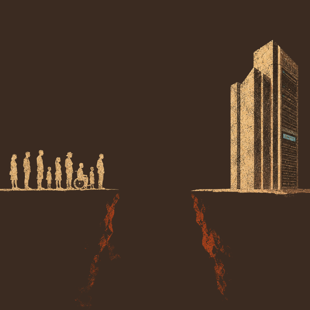 A line of people, including a woman in a wheelchair, on the left side and a tall building on the right, with a large crack in the ground between them.