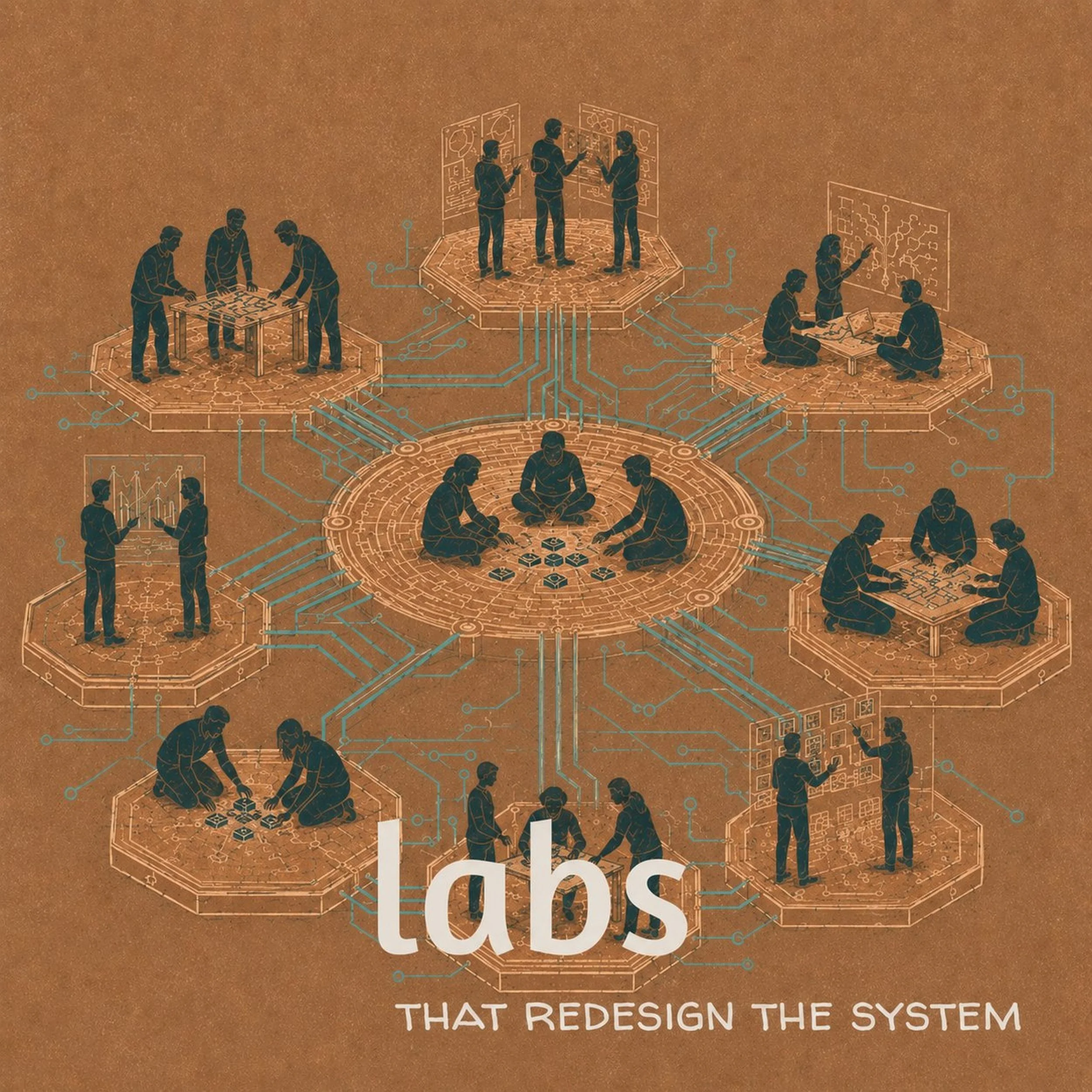 Illustration of various people working together on technology and data projects, with interconnected circuit-like designs, representing teamwork in system redesign.