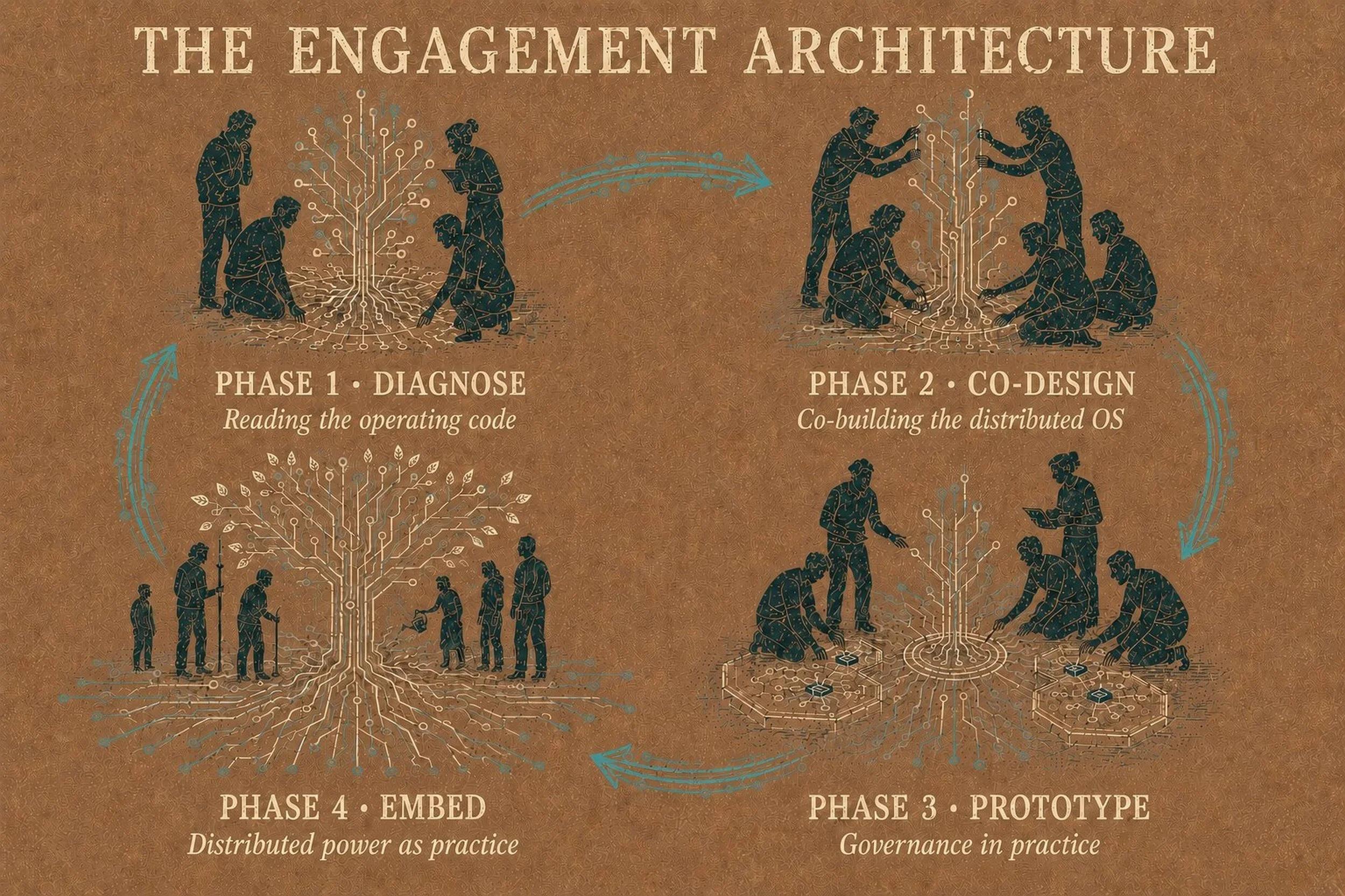 Diagram titled "The Engagement Architecture" illustrating four phases of development. Phase 1: Diagnose with a group reading the operating code, represented by people examining a tree with circuitry. Phase 2: Co-Design with people building a next-generation microprocessor, depicted by individuals assembling circuit components. Phase 3: Prototype with governance in practice, evidenced by people working on a circuit board. Phase 4: Embed with distributed power as practice, shown by individuals distributing power through circuits.