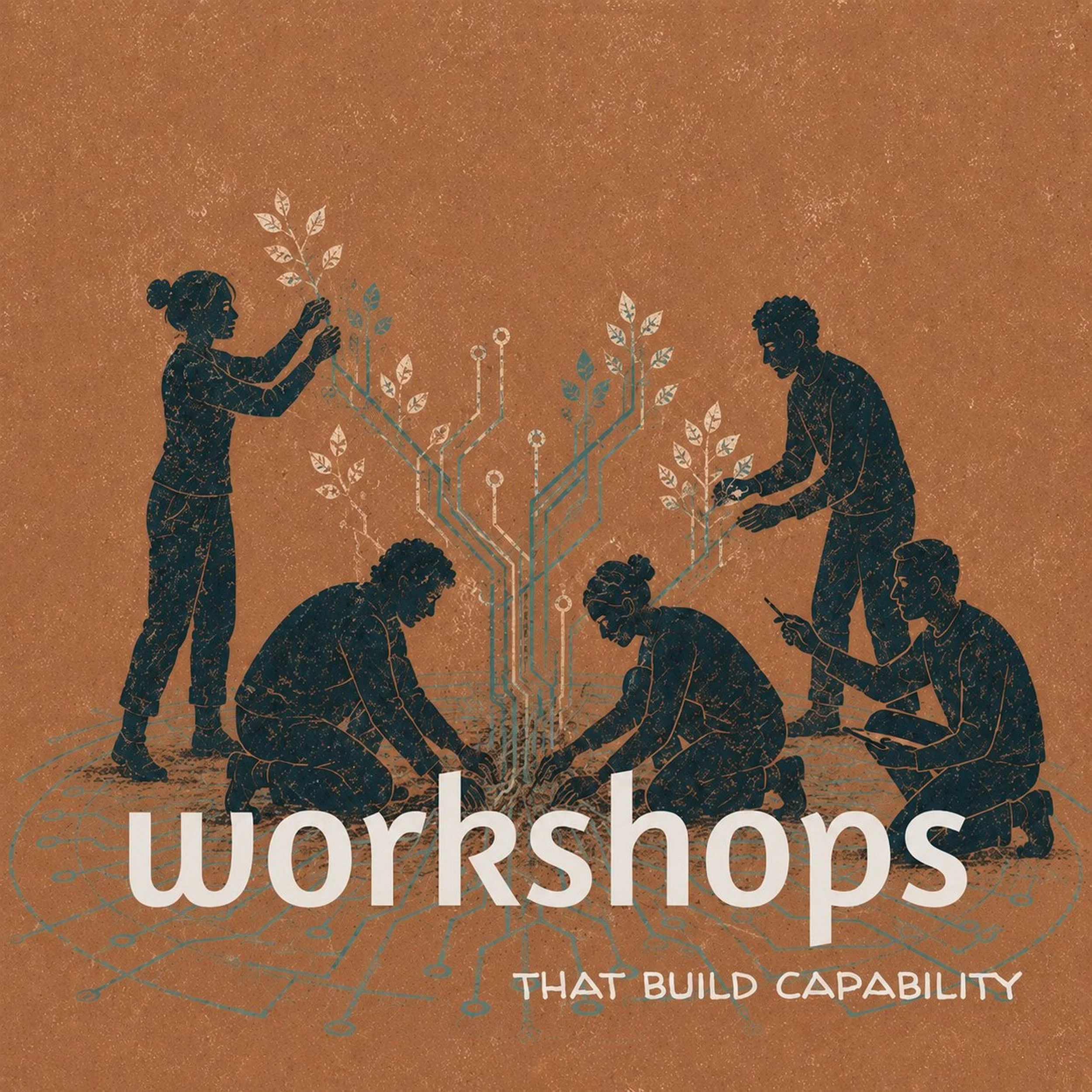 Illustration of two people planting and tending to plants with network-like structures, promoting environmental sustainability and innovation.