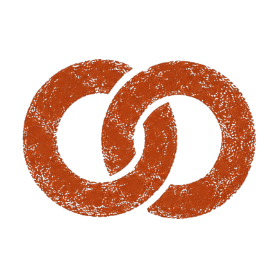 A logo with two overlapping brown circles on a black background.