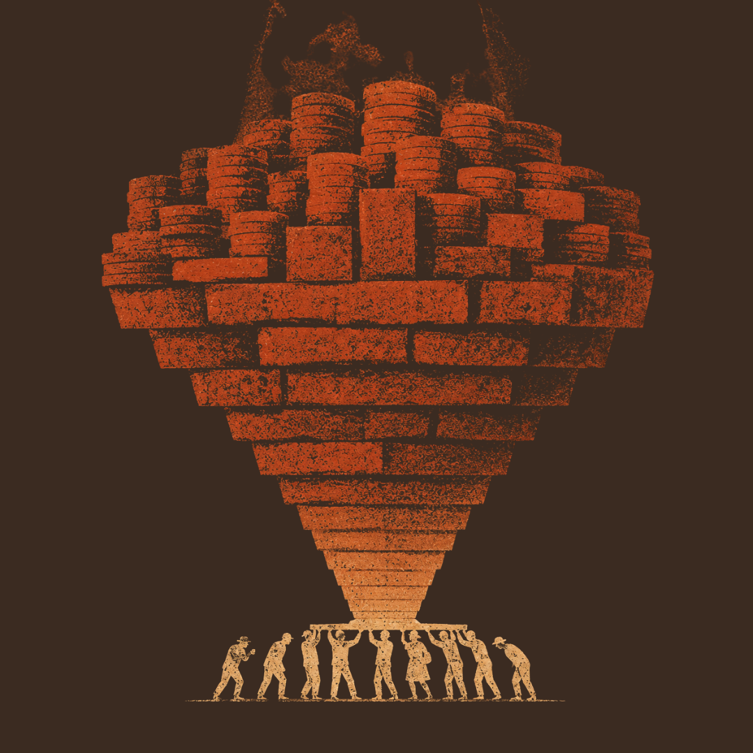 Illustration of a large tornado made of stacked red bricks, with people at the base appearing to lift or support it.