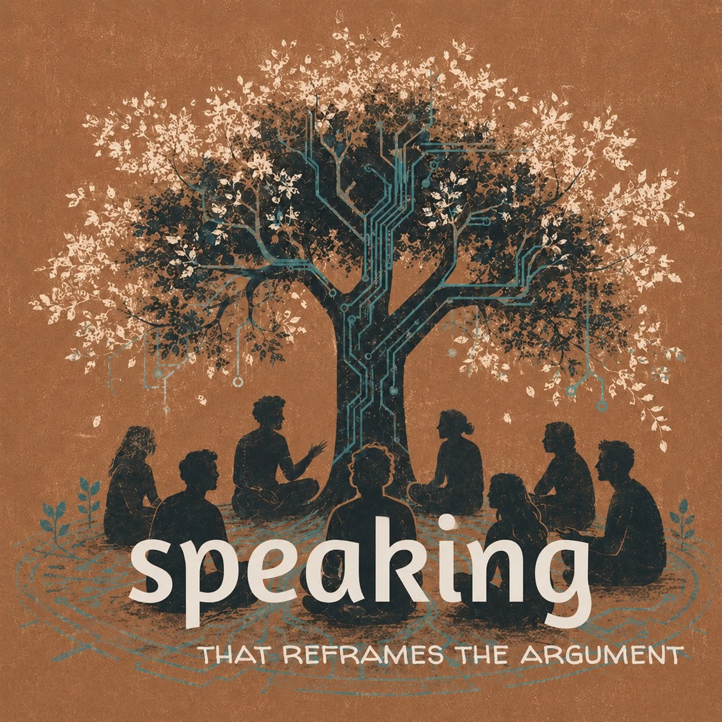 A graphic illustration of a tree with leaves and branches, with a digital circuit pattern integrated into the trunk. Silhouettes of children are below the tree, and text at the bottom reads, 'The snake that reframes the argument.'