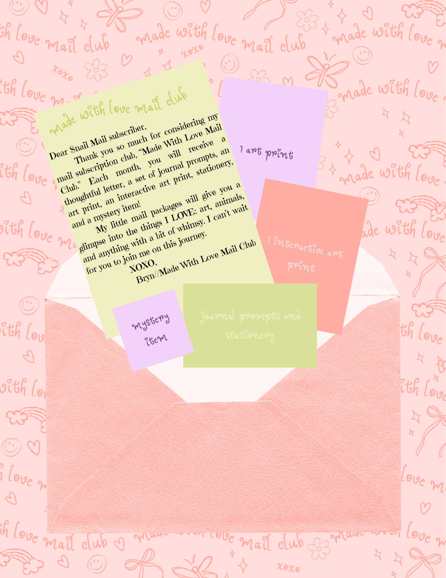 An open pink envelope with colorful stationery inside, including notes that have handwritten messages and drawings for a mail subscription service, with a pink background decorated with doodles of rainbows, hearts, smiley faces, and stars.