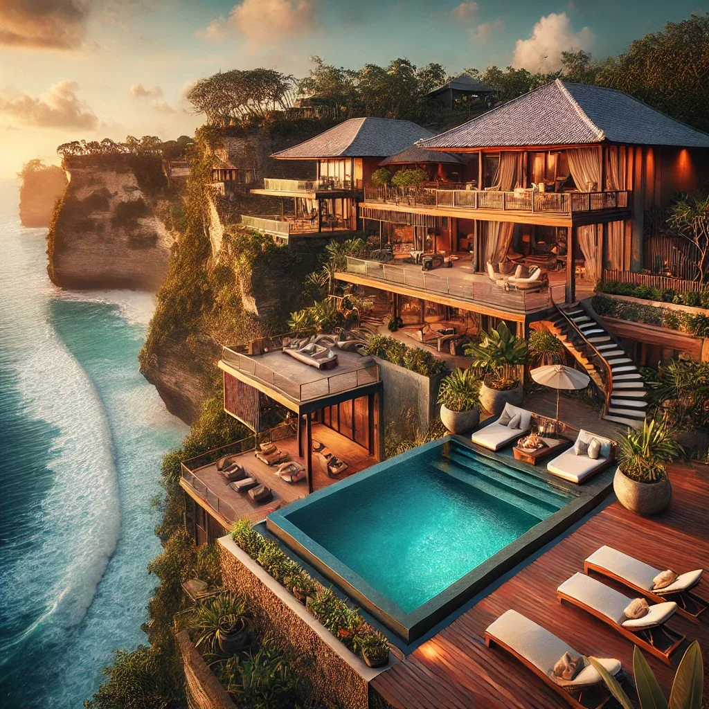 Luxury cliffside resort with swimming pool, outdoor loungers, and ocean view at sunset.