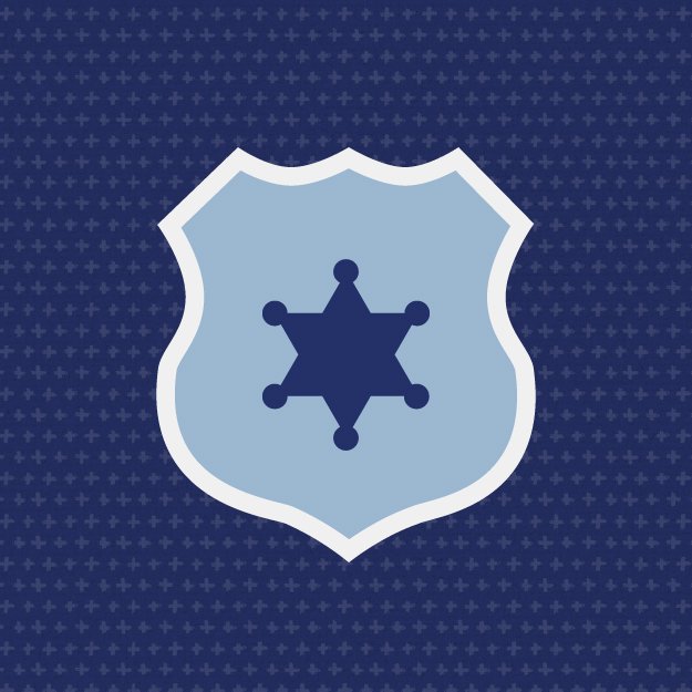 Illustration of a police badge with a star in the center, set against a blue patterned background.