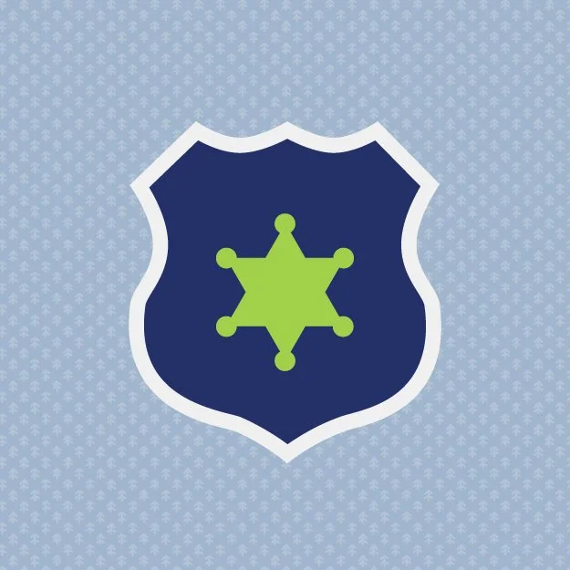 Police badge with green sheriff's star on a blue background.
