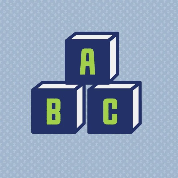Three blue baby blocks with green letters A, B, and C, stacked in a pyramid formation against a light blue background with small white star patterns.