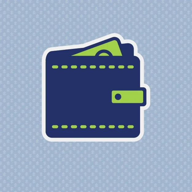 Illustration of a dark blue wallet with green stitching, containing green paper currency, on a light blue patterned background.