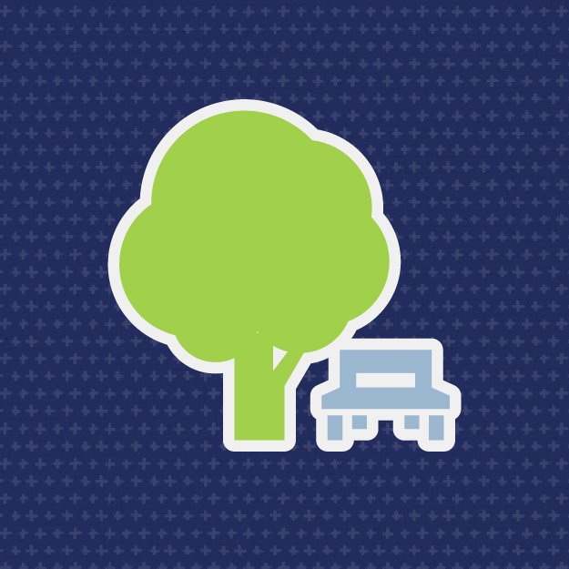 Icon of a green tree and a blue car on a dark blue patterned background.