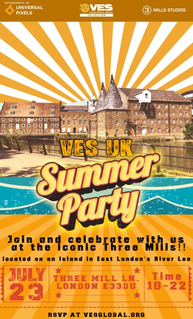 VES UK Summer Party flyer — 23 July 2026 at Three Mills Studios, London E3 3DU