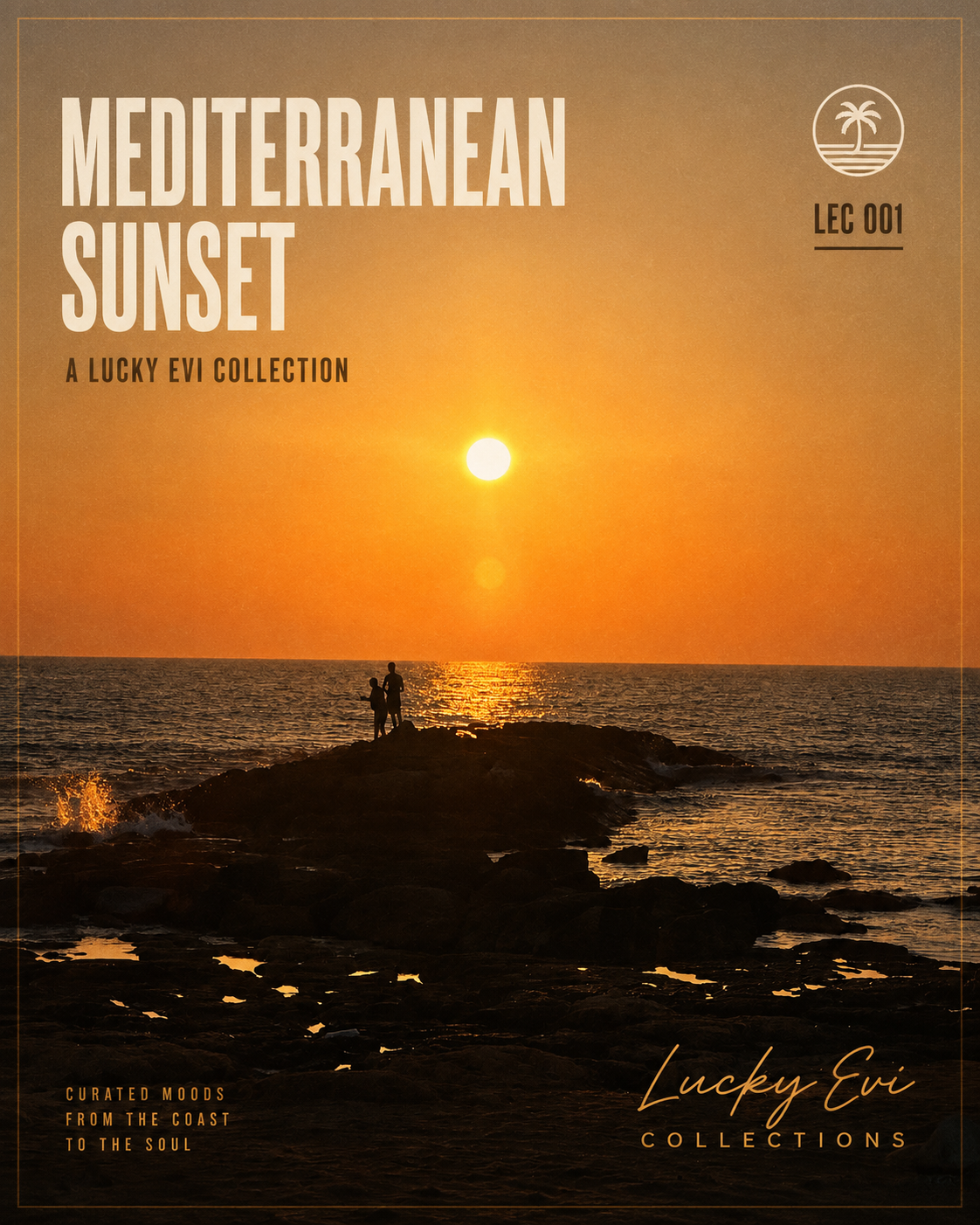 Cover artwork for Lucky Evi Collections LEC 001, Mediterranean Sunset, featuring a sunset over a rocky Mediterranean coastline.