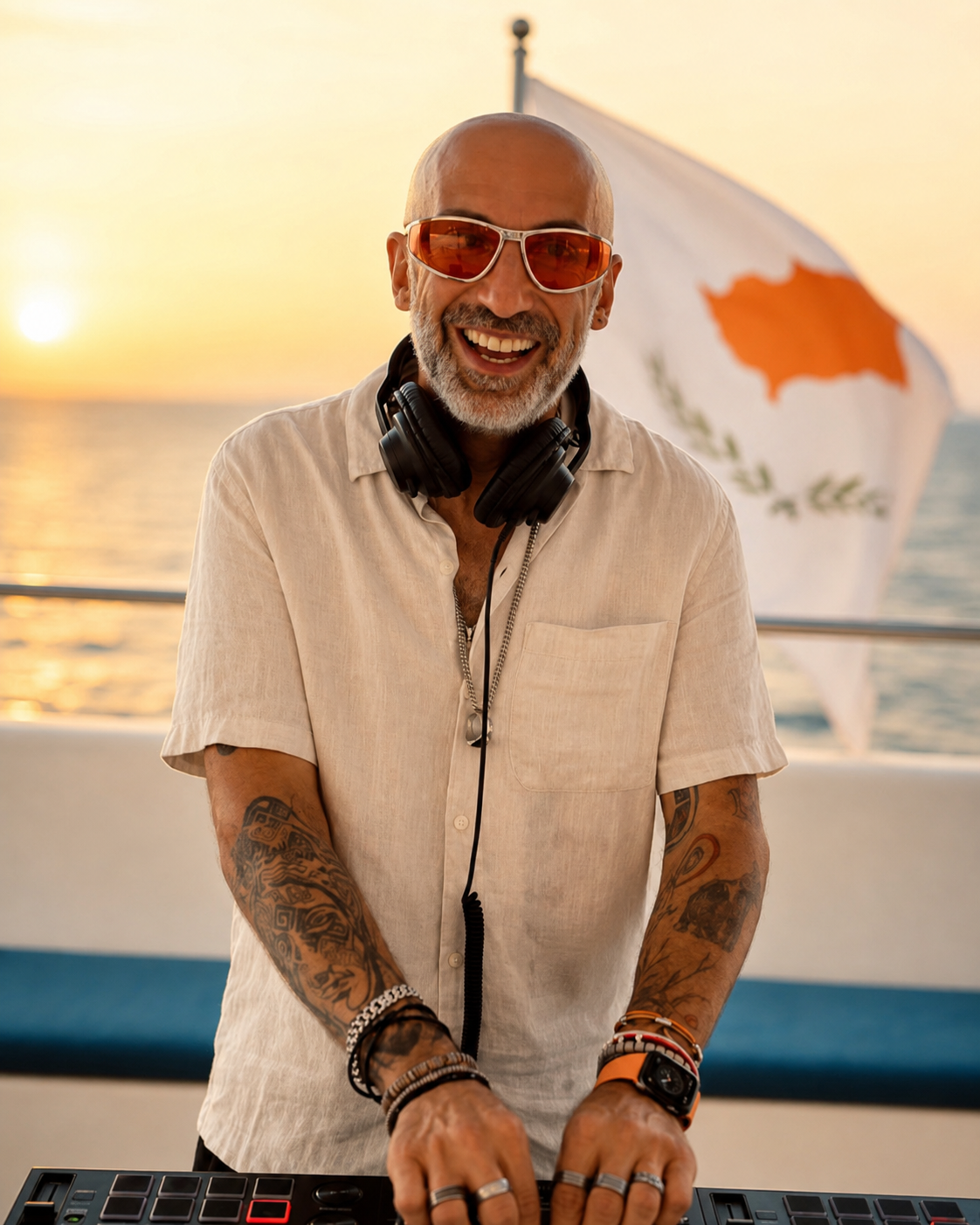 Lucky Evi DJing a sunset boat party in Cyprus
