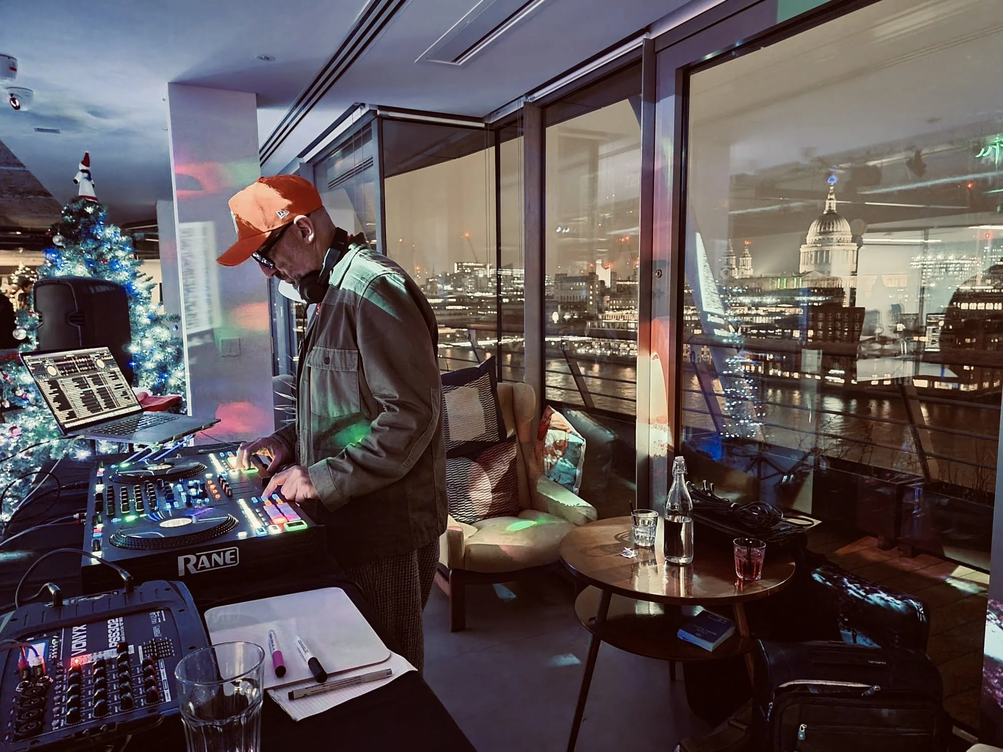 Lucky Evi DJing at Alchemmy's Christmas party at their London offices