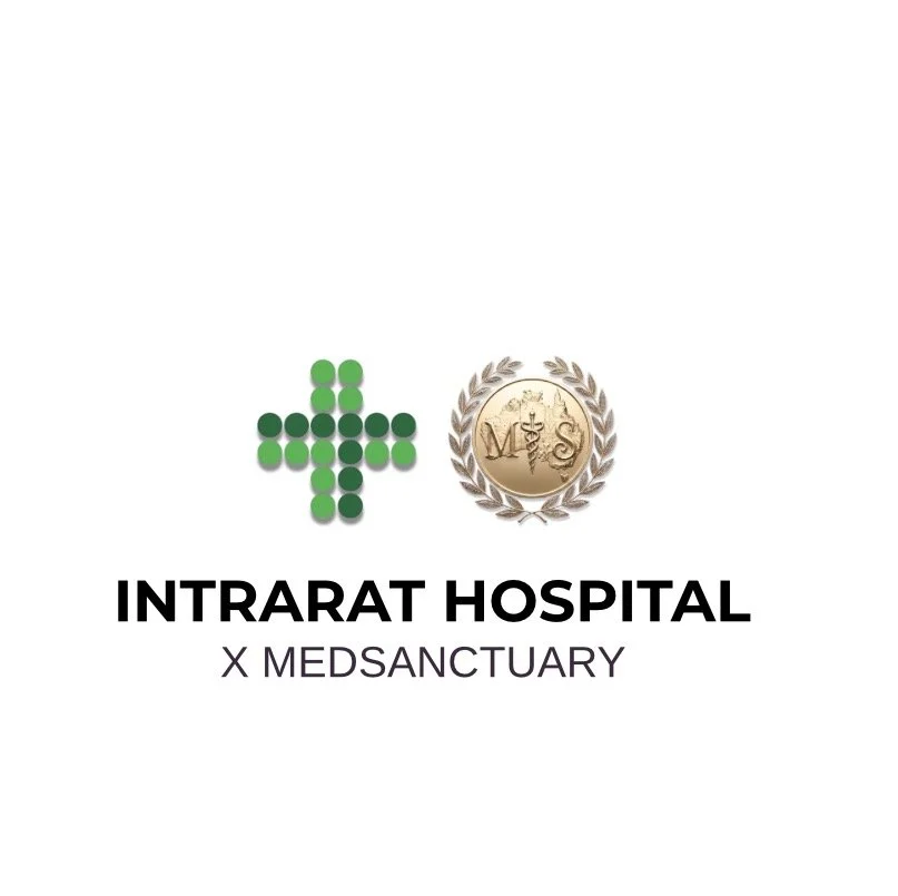 Logo for Intrarad Hospital X Medsanctuary, featuring a green medical cross and a gold emblem with medical symbols.
