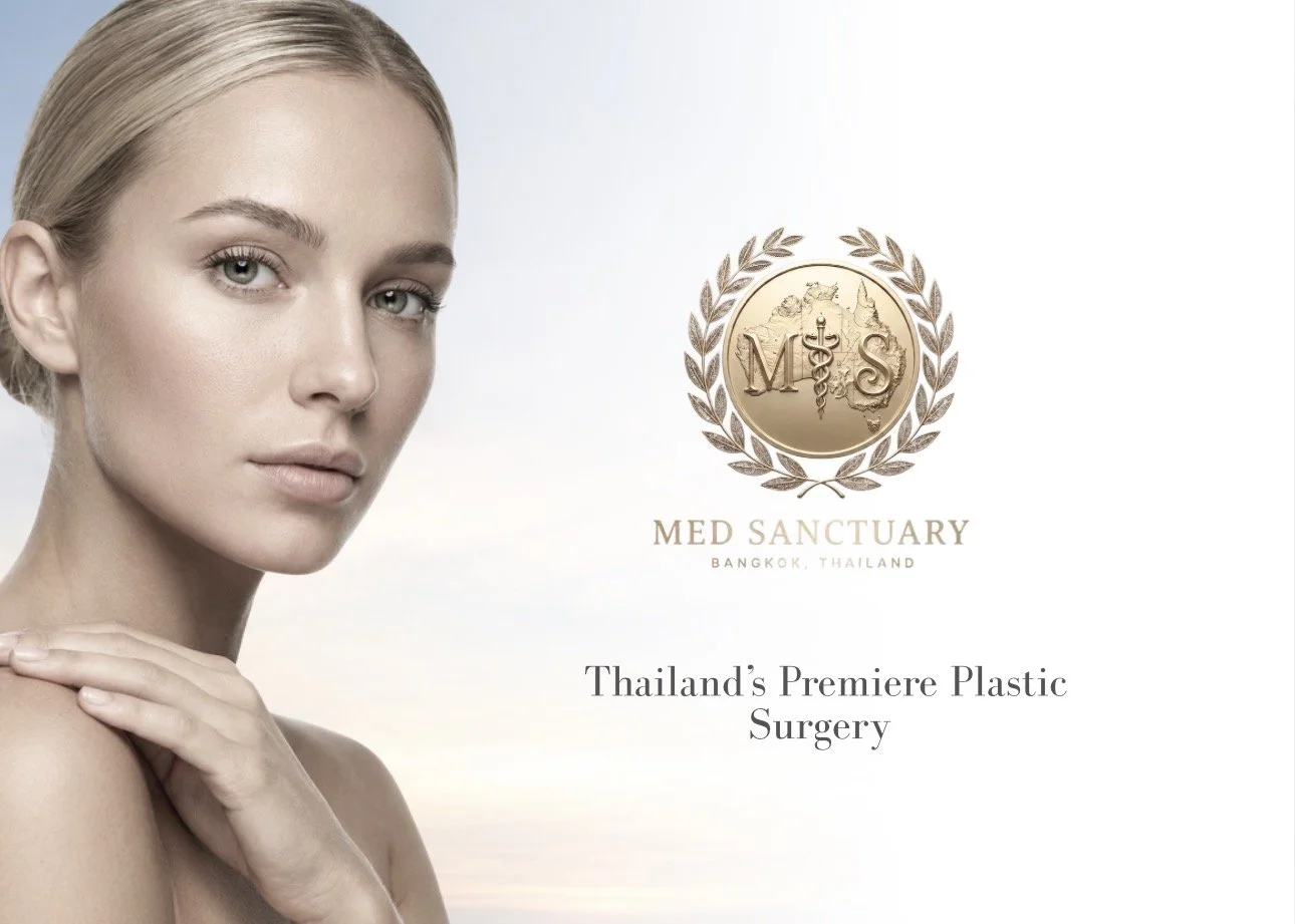 A woman with clear skin and blonde hair, holding her shoulder with her hand, looking at the camera against a light background. The image promotes Med Sanctuary, a plastic surgery clinic in Bangkok, Thailand, featuring a gold emblem with the clinic's initials.