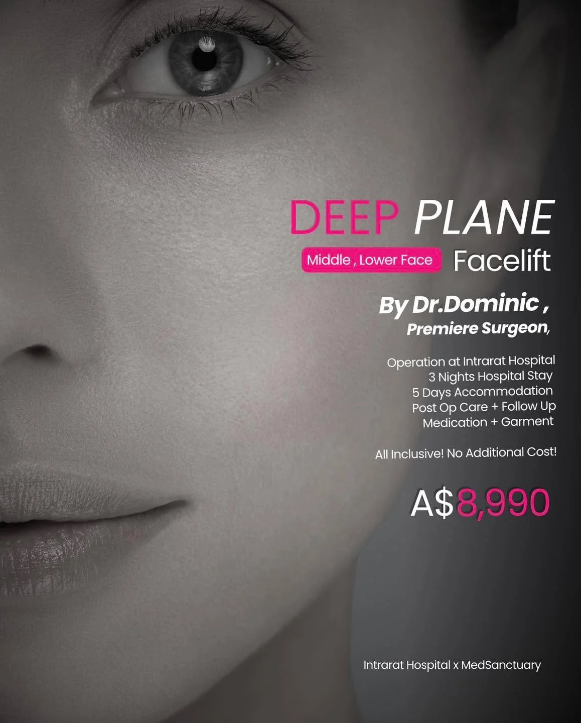 🇦🇺 In Australia? A Deep Plane Facelift will cost you $30,000&ndash;$45,000.

At MedSanctuary Bangkok?

✅ A$8,990. All inclusive. Nothing hidden.

Same gold-standard surgery. Same board-certified surgeon with 28 years experience. Just a fraction of 
