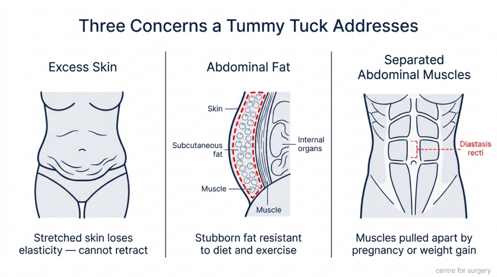 Diagram explaining three concerns with a tummy tuck: excess skin, abdominal fat, and separated abdominal muscles, with illustrations of a woman's abdomen, internal fat layers, and muscle separation.
