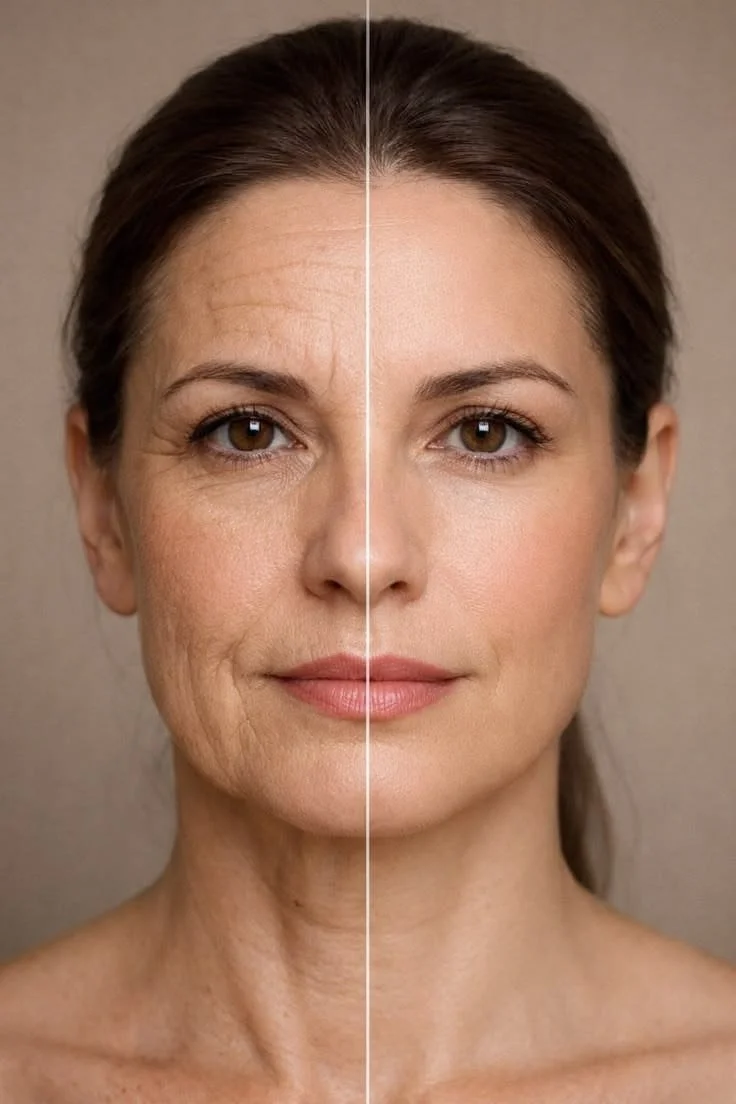 A side-by-side comparison of a woman's face showing the effects of aging on the left and youthful skin on the right.