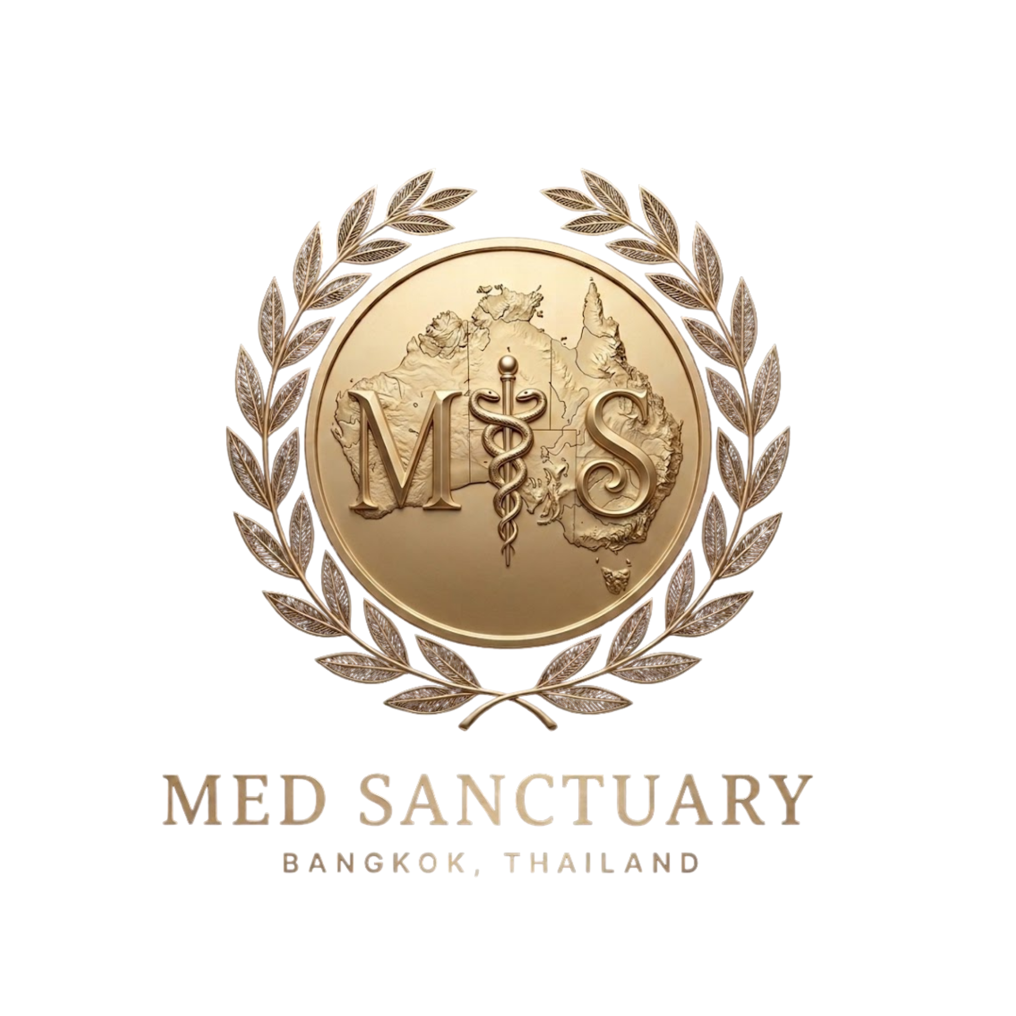Med Sanctuary Bangkok Thailand logo with a gold medallion featuring a map of Thailand surrounded by laurel leaves and the words 'Med Sanctuary Bangkok Thailand'.