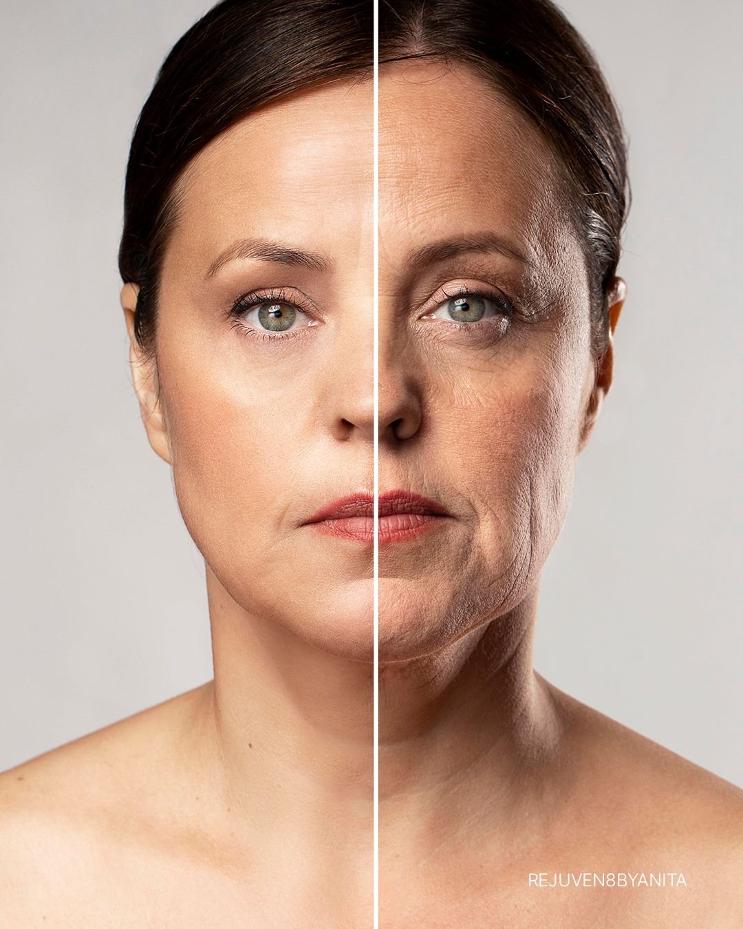 A comparison of a woman's face showing half with smooth, youthful skin and makeup, and the other half with older, wrinkled skin and signs of aging.