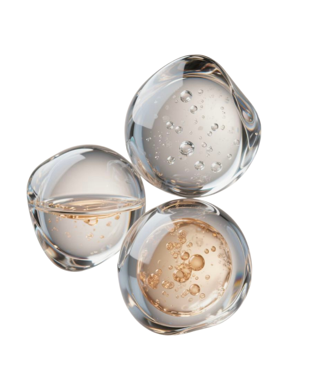 Three clear ice cubes with bubbles inside, arranged together.