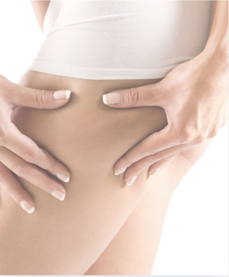 Close-up of a woman's midsection with hands gently holding her stomach.