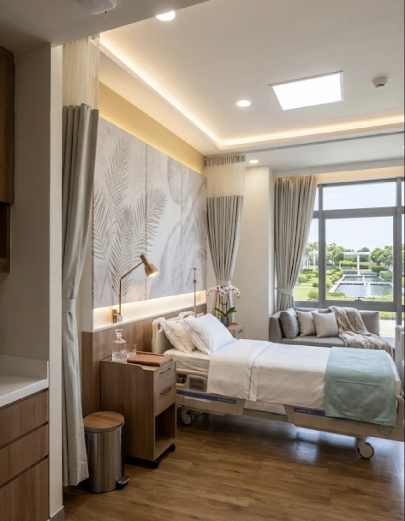 A modern hotel room with a bed, bedside tables, lamps, decorative wall art, and a large window with curtains showing a view of a landscaped garden with a pond.