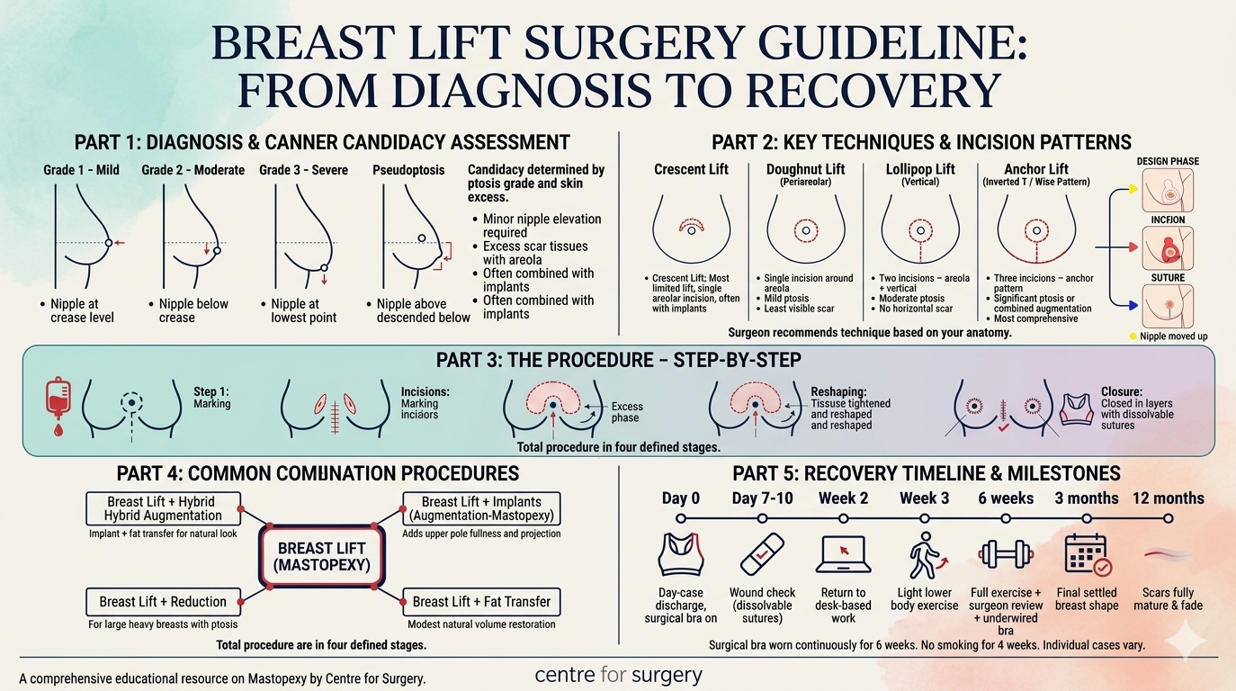 Diagram outlining breast lift surgery guidelines from diagnosis to recovery, including assessment, key techniques, procedure steps, communication procedures, and recovery milestones.