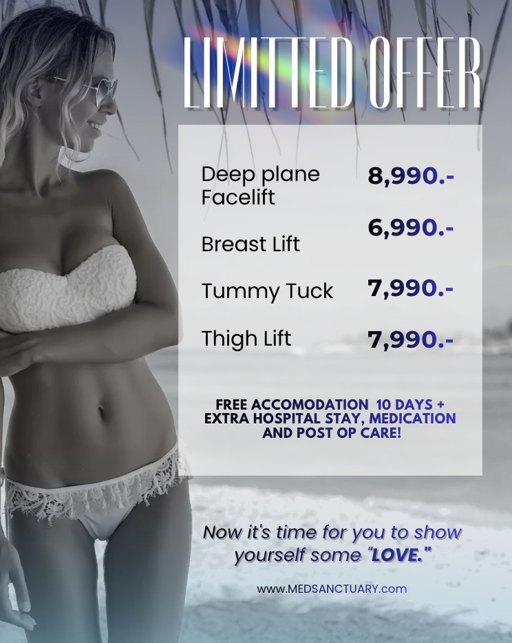 A woman in sunglasses and a white lace lingerie set standing on the beach, smiling, with a promotional poster overlay advertising plastic surgery procedures with prices and special offers.