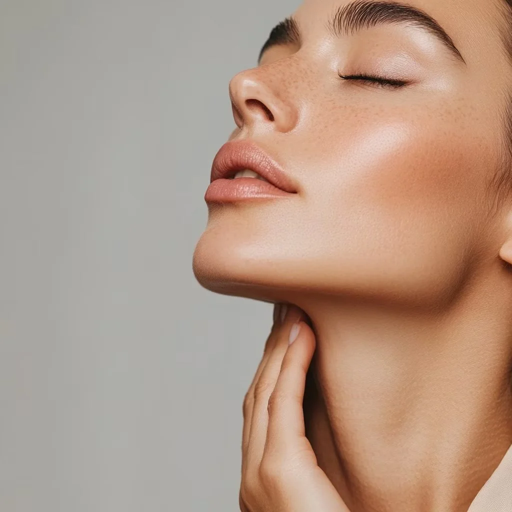 Close-up of a woman's face with minimal makeup, her eyes closed, and her hand gently touching her neck.