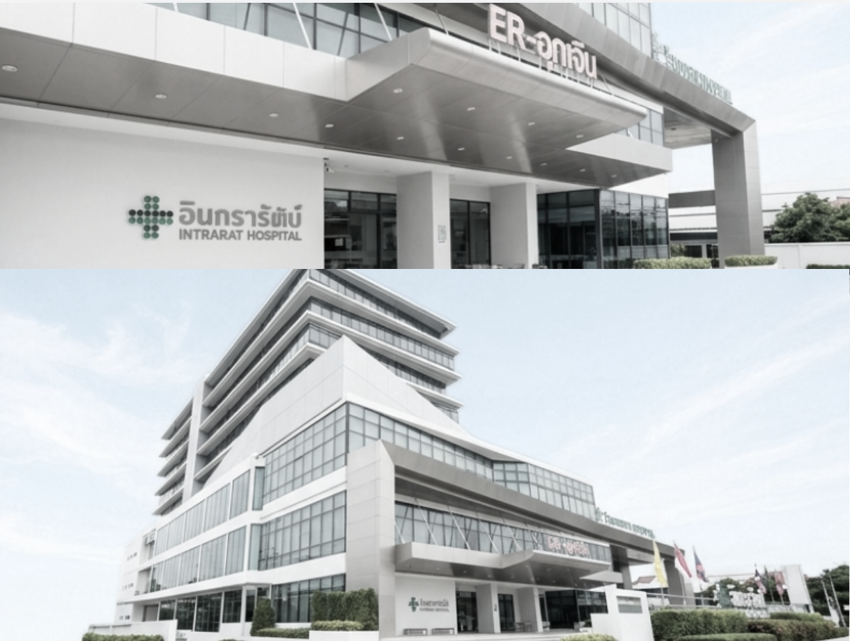 Exterior view of a modern multi-story hospital building with glass windows and a sign indicating Intrarart Hospital.