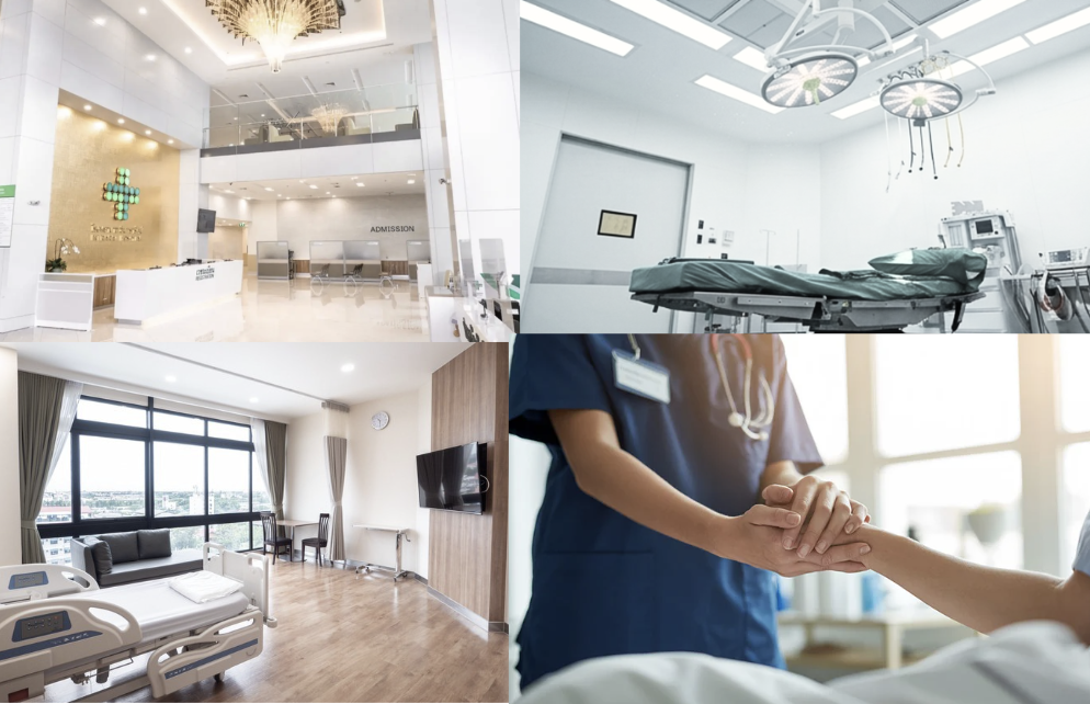 Collage of four hospital scenes: a modern reception area, an operating room with medical equipment, a patient room with large window and medical bed, healthcare professional holding a patient's hand.