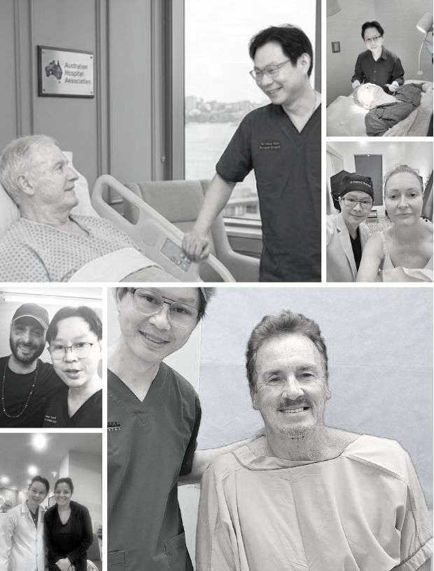 Collage of healthcare professionals and patients in hospital and clinical settings, including a doctor visiting an elderly patient in bed, medical staff taking selfies, and patients and staff posing for photos.