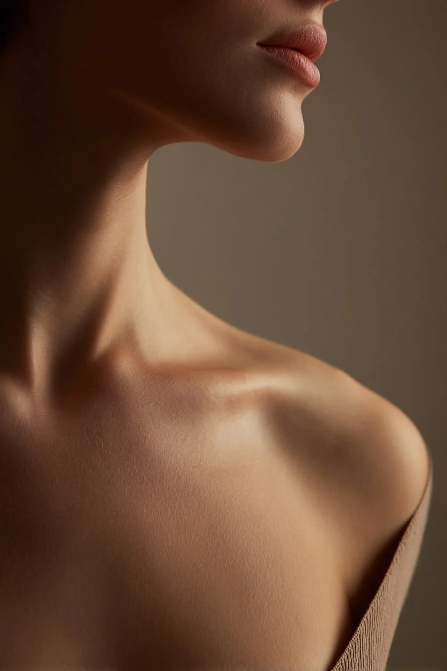 Close-up of a woman's lower face, neck, and shoulder, showing smooth skin and natural lighting.