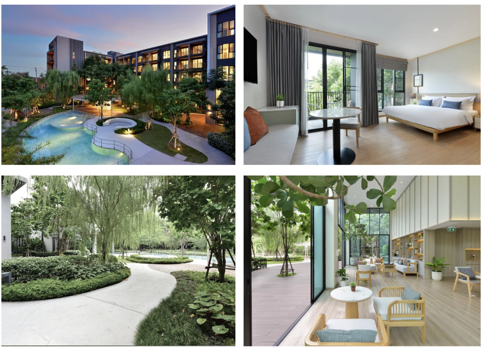 A collage of four photos showing a resort or hotel property. The top left photo features an outdoor swimming pool and landscaped gardens at sunset. The top right photo shows a modern hotel room with a large bed, a small table, and sliding glass doors leading to a balcony. The bottom left photo depicts a peaceful garden with walking paths, trees, and greenery. The bottom right photo shows a bright indoor lounge area with large windows, wooden furniture, and potted plants.