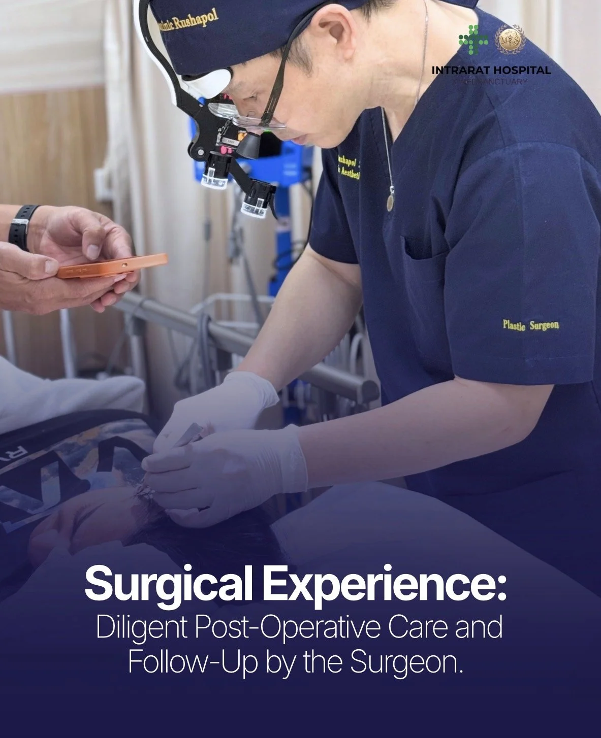 A surgeon in blue scrubs with a headlamp and magnification glasses performing surgery on a patient in a hospital setting, with a person nearby holding a phone. The image features hospital equipment and medical staff engaged in post-operative care.