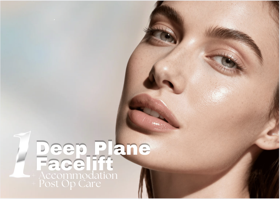 Close-up of a woman with clear skin and glossy lips, promoting a deep plane facelift for recovery and post-op care.
