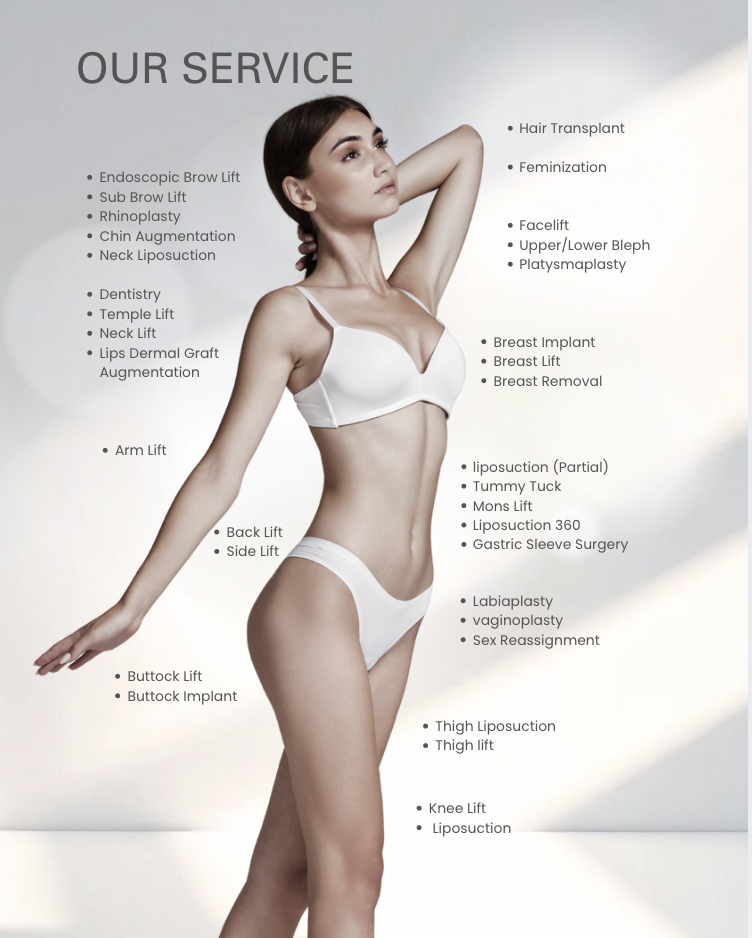 A woman in white lingerie standing with her right arm raised and hand on her head, surrounded by a list of aesthetic medical services on a light background.