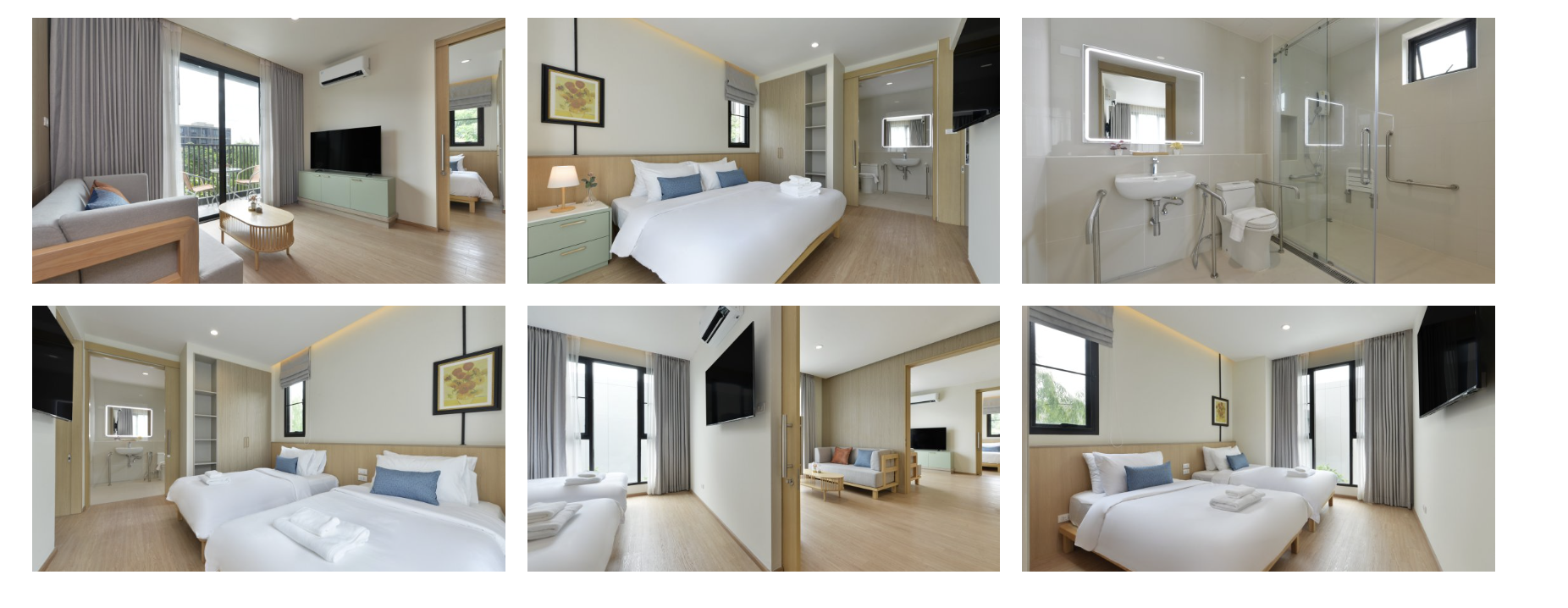 Collage of six photos showing a modern hotel suite with two bedrooms, a living area, and a bathroom. The living room features a sofa, coffee table, and a TV. One bedroom has a large bed with pillows and a bedside table with a lamp. The other bedroom has two beds with white linens. The bathroom has a walk-in shower and a well-lit mirror.