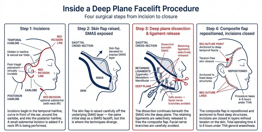 Diagram showing four surgical steps for a deep plane facelift procedure, including incisions, skin flap elevation, deep plane dissection with ligament release, and repositioning of the composite flap, with detailed labels and descriptions.