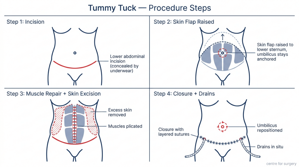 Diagram showing the four steps of a tummy tuck procedure, including incision, skin flap raised, muscle repair with skin excision, and closure with drains.