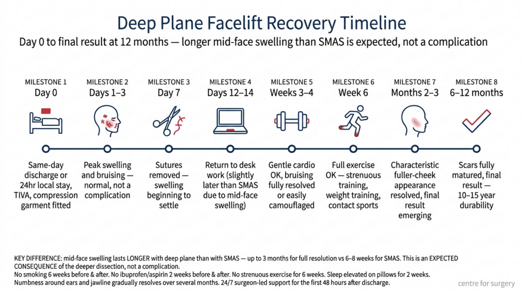 Deep plane facelift recovery timeline with milestones from day 0 to 12 months, detailing the healing process including swelling, sutures, return to work, gentle exercises, appearance changes, and final results.